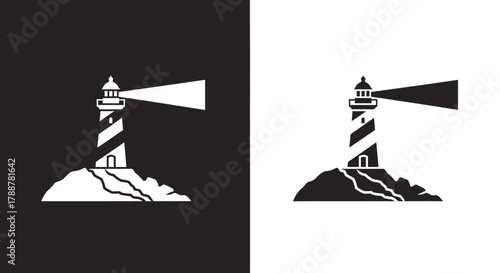 Minimalist Lighthouse Logo Vector Icon on a Rocky Cliff in Black and White