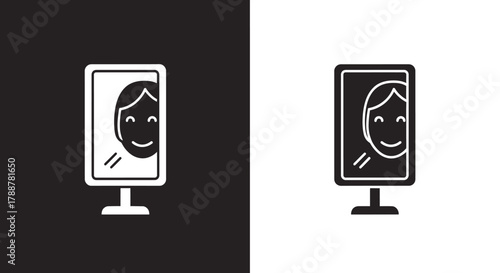 Minimalist Glyph Vector Icon of a Smiling Face Reflection in a Mirror in Black and White