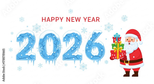 Santa with gifts beside frosty "2026" and Happy New Year message  