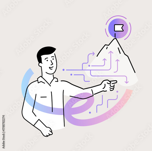 illustrations people are holding a workshop. Workflow, growth, graphics. Business development, milestones, start-up. linear illustration Icons infographics. Landing page site print poster. Line story