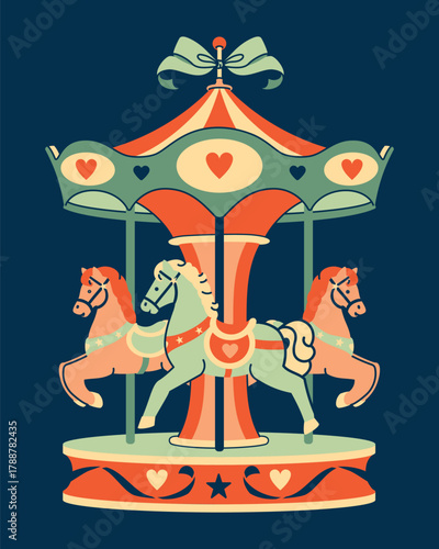 A retro clip art illustration of a classic carousel with horses, isolated on a white background. A playful and nostalgic graphic element for carnival themes.