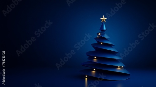 Elegant modern blue Christmas tree with golden star and warm lights, creating a festive and sophisticated holiday atmosphere for celebrations and design projects.