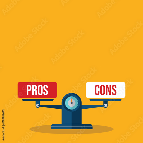 The words pros and cons balanced on a seesaw. Comparing positive advantages or negative disadvantages	