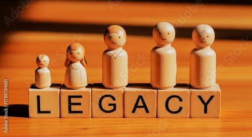 Wooden figures representing a multi-generational family stand on blocks spelling the word Legacy.