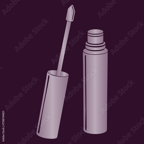 Silver outline of an open mascara tube and wand on a dark purple background