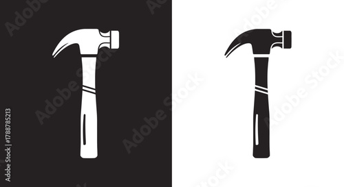 Monochrome vector icon of a classic claw hammer tool.