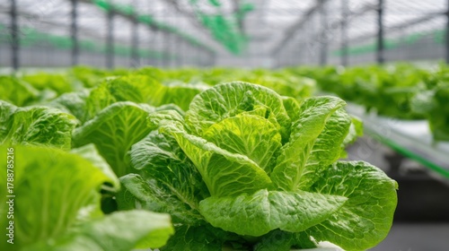 Romaine lettuce grows healthily in a well lit greenhouse on a sunny day showing vibrant foliage.
