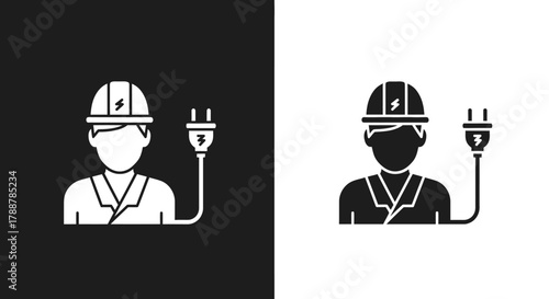 Electrician worker glyph icon with hard hat and power plug symbol.