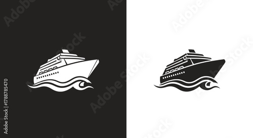 Logo Template Vector of a Stylized Cruise Ship and Ocean Waves in Minimalist Black and White