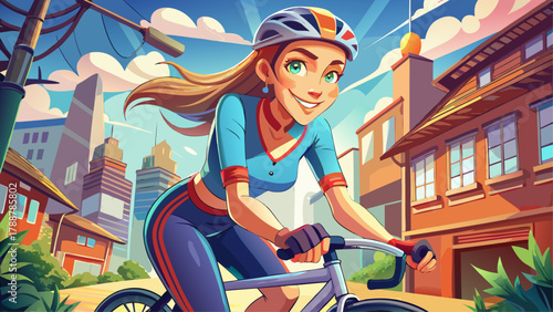 Very beautiful close-up of a woman riding a bicycle outdoors, sporty outfit, dynamic posture, smiling, realistic urban environment, healthy lifestyle.