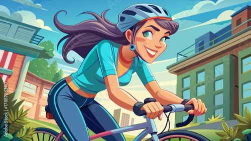 Very beautiful close-up of a woman riding a bicycle outdoors, sporty outfit, dynamic posture, smiling, realistic urban environment, healthy lifestyle.