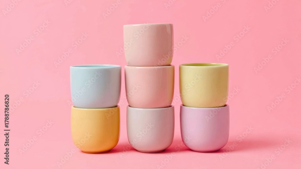 Obraz premium Nine ceramic cups in pastel colors are artfully stacked creating a cheerful and playful scene.
