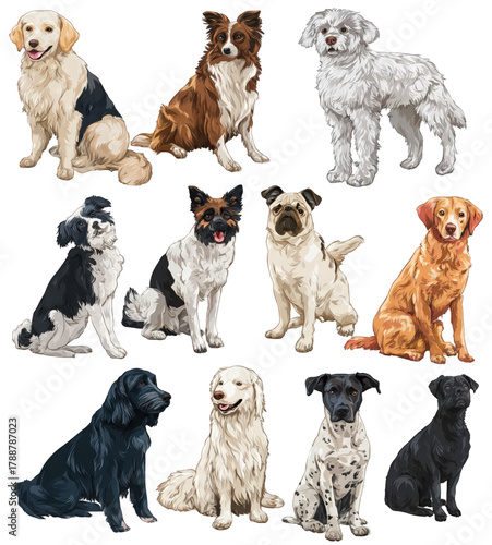 A Diverse Collection of Eleven Different Dog Breeds Illustration.