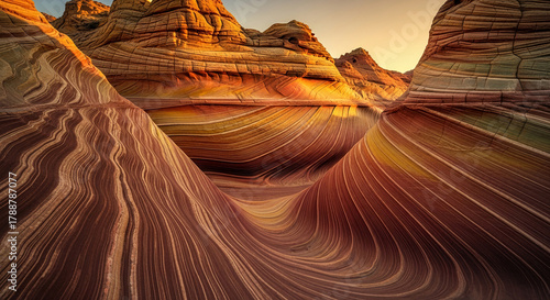 Striking landscape features flowing, linear rock formations, showcasing nature's geological artistry and suggesting concepts like endurance or erosion