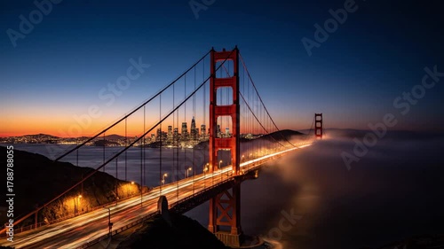 Timelapse Golden Gate Bridge transitioning from vibrant sunset to deep night. Car headlights create long light trails on highway as dense fog rolls across bay, with San Francisco skyline illuminated
