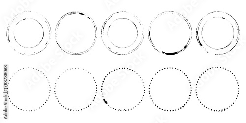 Set of ten vector grunge circular frames, rings, and stamps. Five distressed, textured double circles and dotted point circles. Elements for design, decor, printing, postal stamp.