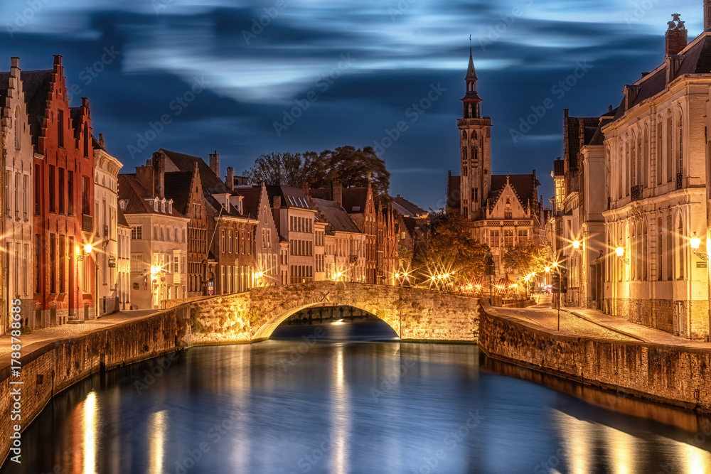 Naklejka premium night view of Bruges Belgium
