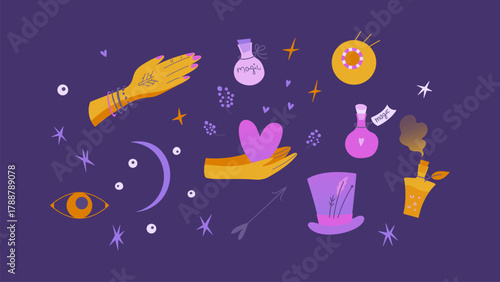 Hand-drawn cute bright set of elements on the theme of magic, love, fascination on a dark violet background.