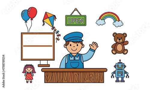 A friendly shopkeeper waves from behind a counter, surrounded by toys and decorations