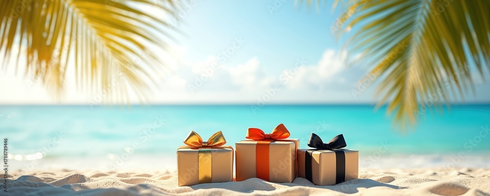 Fototapeta premium Three gift boxes with ribbons sit on a sandy beach near clear turquoise ocean water. Palm tree leaves overhang the scene under a bright blue sky.