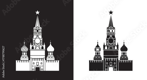 Icon Set Vector of Moscow Kremlin Tower in Minimalist Silhouette Style