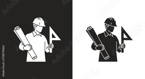 Architect Engineer Vector Logo Icon with Hard Hat Blueprint and Ruler for Construction Company Branding