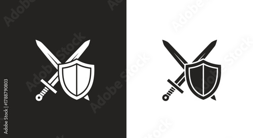 Minimalist Vector Icon with Crossed Swords and Shield Emblem