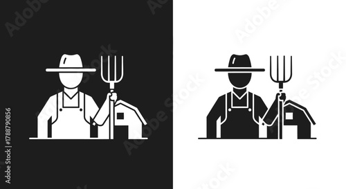 Minimalist Farmer Vector Icon Set with Pitchfork and Barn for Agriculture Logo Design