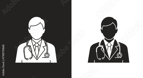 Minimalist Doctor Icon Set Vector with Stethoscope Symbol in Flat Black and White Style