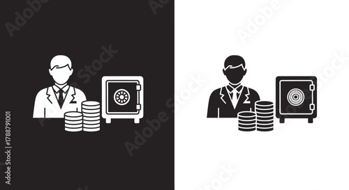 Banker with a secure safe and stacks of coins icon.