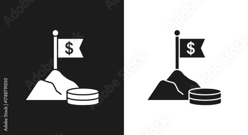 Financial goal achievement icon with mountain peak and dollar flag.