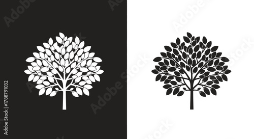 Monochrome tree silhouette icon set with lush leaves on black and white backgrounds.