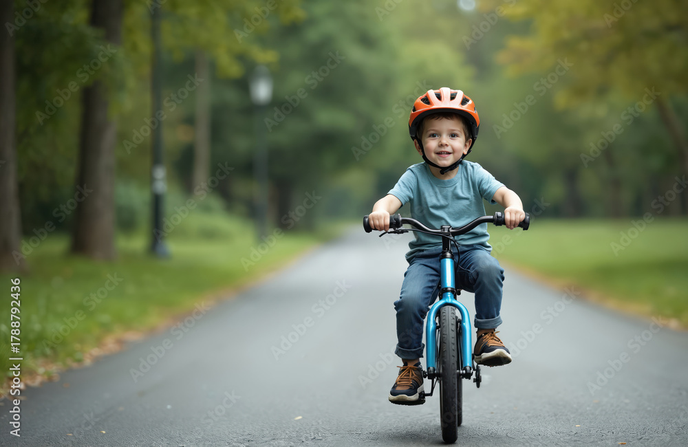 Obraz premium Cheerful little boy in helmet rides his first bike on park path. Happy kid learns to cycle outdoors. Cute smiling toddler enjoys active summer, practicing his new skill on bicycle, having fun.