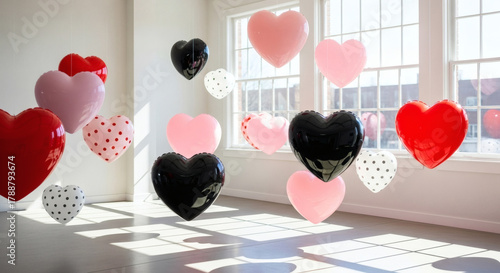 A collection of floating heart-shaped balloons in vibrant colors including red, pink, and black, creating a festive atmosphere perfect for celebrations or romantic events.
