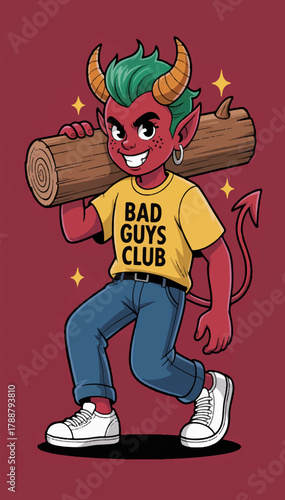 An illustration of a cartoon devil guy holding a big log in his hands, who is dressed in jeans and a T-shirt with the inscription Bad guys club. Vector graphics. EPS.