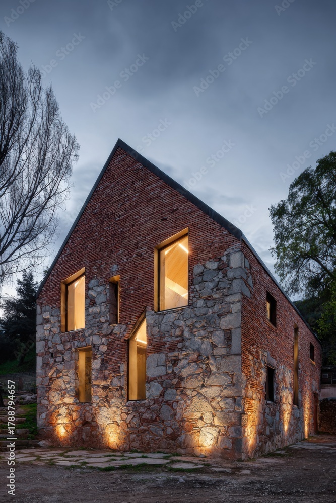 Fototapeta premium Modern rustic house made from stone and brick with warm lights glowing at dusk, showcasing contemporary architecture in a natural setting