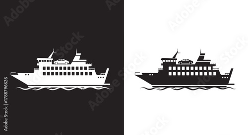 Minimalist Car Ferry Vector Icon Set in Black and White Silhouette Style