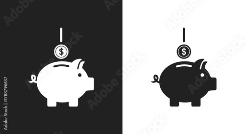 Minimalist Piggy Bank Vector Icon Set with Dollar Coin for Finance and Savings Concepts
