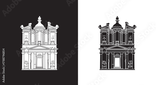 Illustration Vector of a Stylized Ancient Temple Facade in Black and White