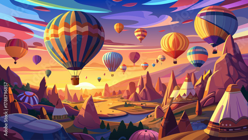 Dozens of colorful hot air balloons floating gracefully above Cappadocia’s fairy chimneys at dawn, illuminated by the warm glow of sunrise. A dreamy and inspiring travel moment