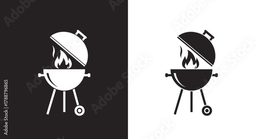 Minimalist Barbecue Grill Vector Icon Set with Flame for Food Branding