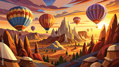 Majestic hot air balloons drifting over the rocky valleys of Cappadocia at sunrise, bathed in golden light. A breathtaking travel scene symbolizing freedom, adventure, and inspiration