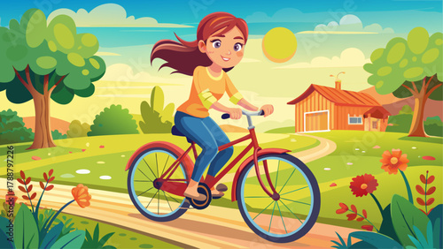 Very beautiful illustration of a young girl riding a bicycle outdoors, playful and joyful, wearing casual clothes, sunny day, realistic and charming scenery.