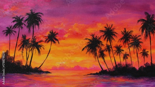 Golden sun sets behind silhouetted palm trees painting the sky with purple and orange hues.