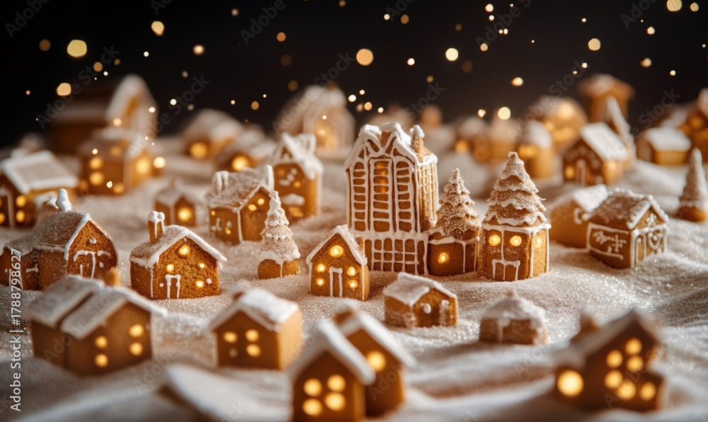 Naklejka premium Gingerbread houses with icing and glowing windows creating a festive holiday scene