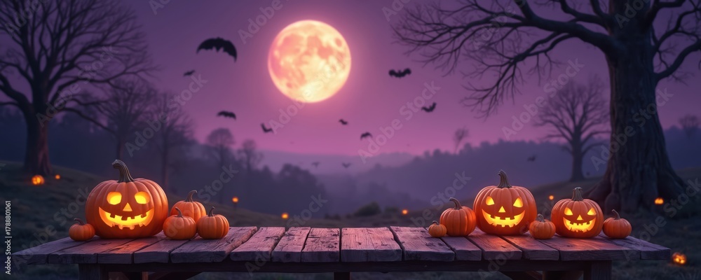 Fototapeta premium Carved pumpkins with glowing faces sit on a wooden table. Bats fly under a large full moon in a misty purple night sky, spooky autumn landscape.