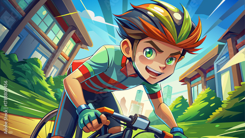Very beautiful close-up of a boy riding a bicycle outdoors, energetic and focused, wearing sporty clothes, dynamic motion, realistic urban or park environment.