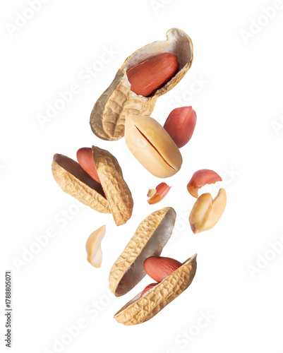 Crushed dried peanuts flying in the air close-up on transparent background