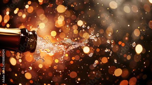 Festive champagne splash with golden bubbles and glowing bokeh lights highlighting celebration energy