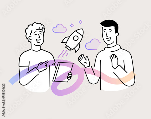 Set of illustrations people are holding a workshop. Workflow, growth, graphics. Business development, milestones, start-up. linear illustration Icons infographics. Landing page site print poster. Line